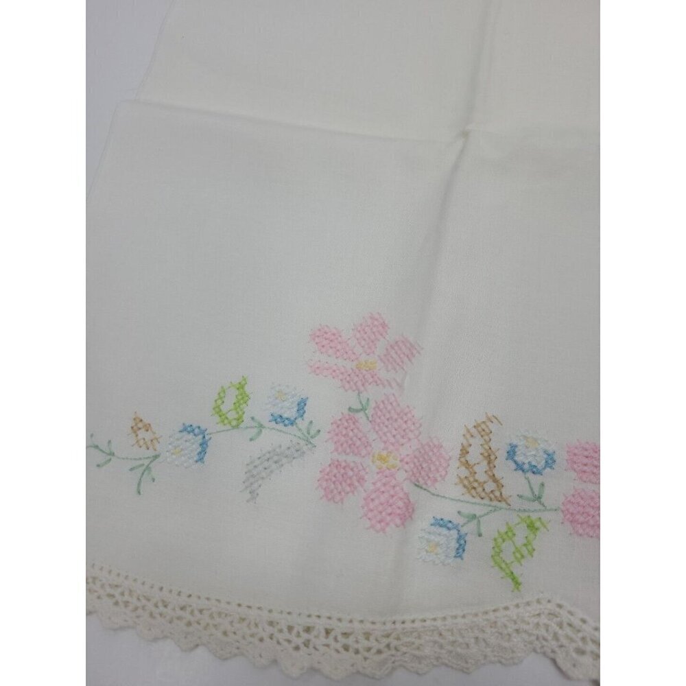 Vintage Handmade Cross Stitch Pillowcase Standard Sz Floral Scalloped Lace Edge